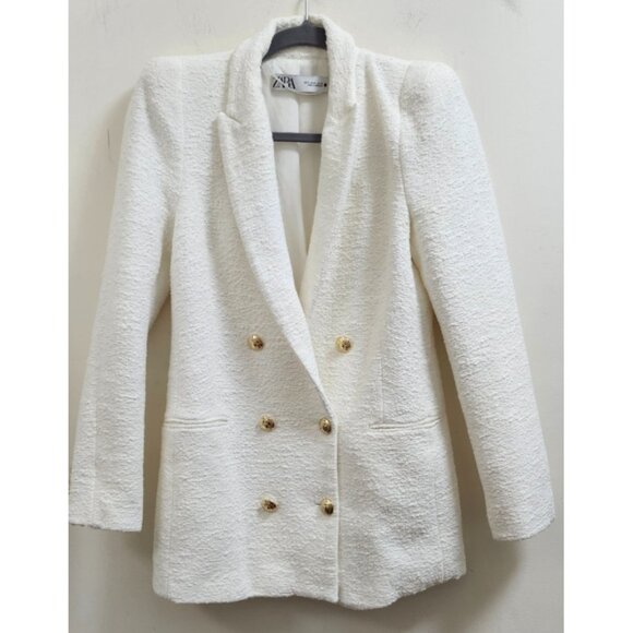 ZARA White Bouclé Double Breasted Blazer Gold Buttons Textured Jacket Women’s S - Picture 3 of 16